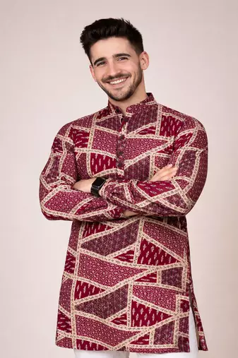 maroon color cotton kurta pajama set with multicolor foil print work