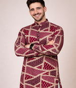 maroon color cotton kurta pajama set with multicolor foil print work