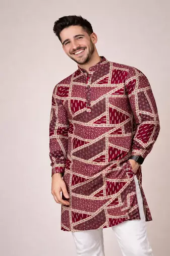 maroon color cotton kurta pajama set with multicolor foil print work