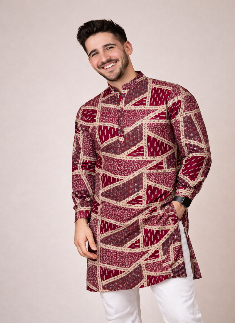 maroon color cotton kurta pajama set with multicolor foil print work