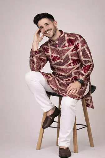 maroon color cotton kurta pajama set with multicolor foil print work