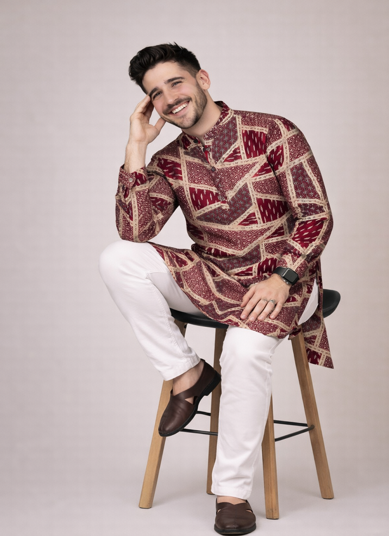 maroon color cotton kurta pajama set with multicolor foil print work