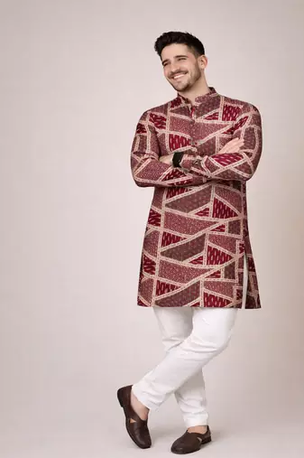 maroon color cotton kurta pajama set with multicolor foil print work