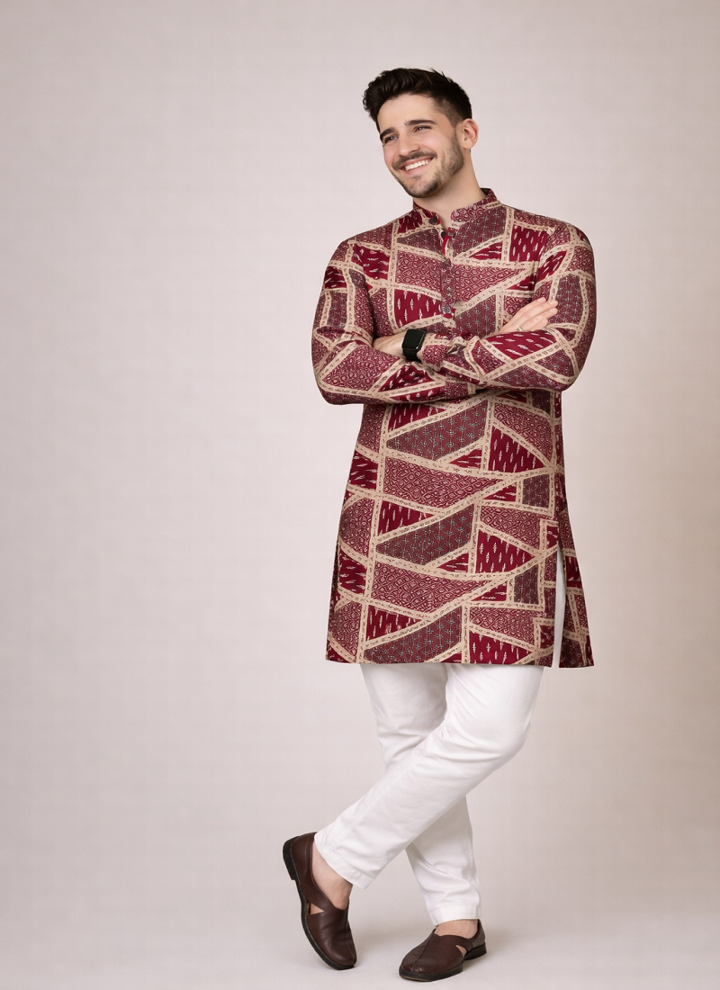 maroon color cotton kurta pajama set with multicolor foil print work