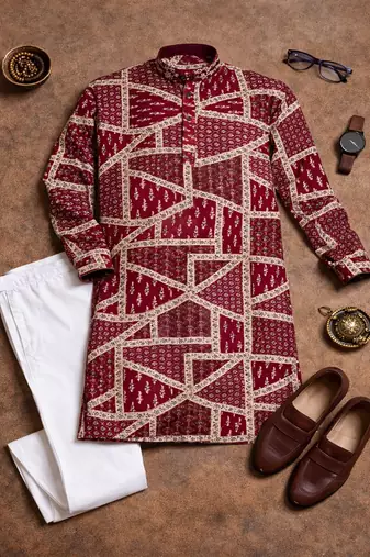 maroon color cotton kurta pajama set with multicolor foil print work