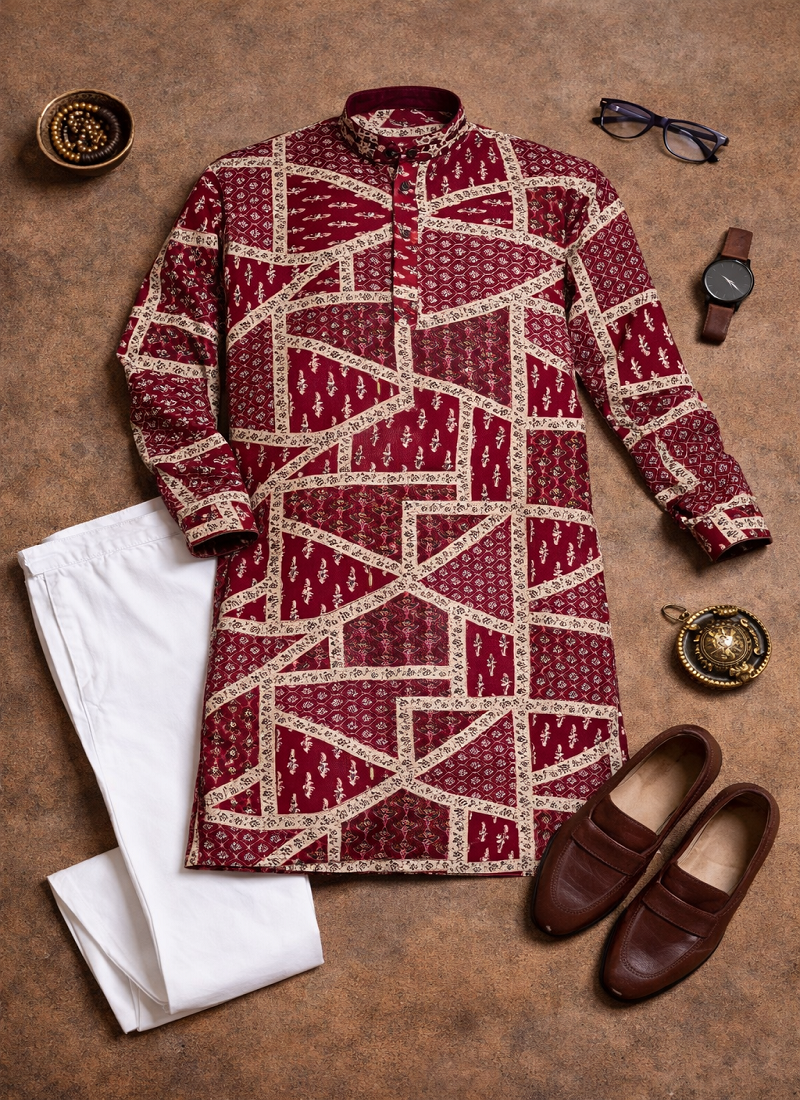 maroon color cotton kurta pajama set with multicolor foil print work