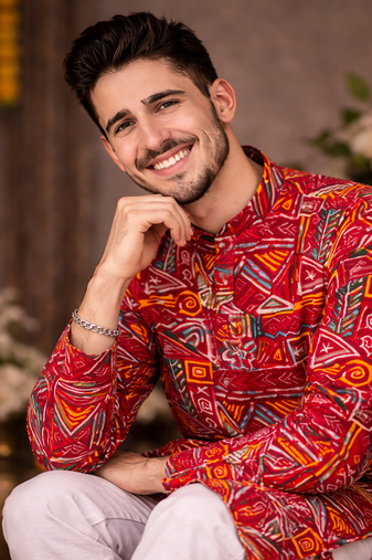 maroon multicolor foil print cotton kurta pajama set