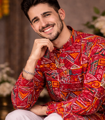 maroon multicolor foil print cotton kurta pajama set