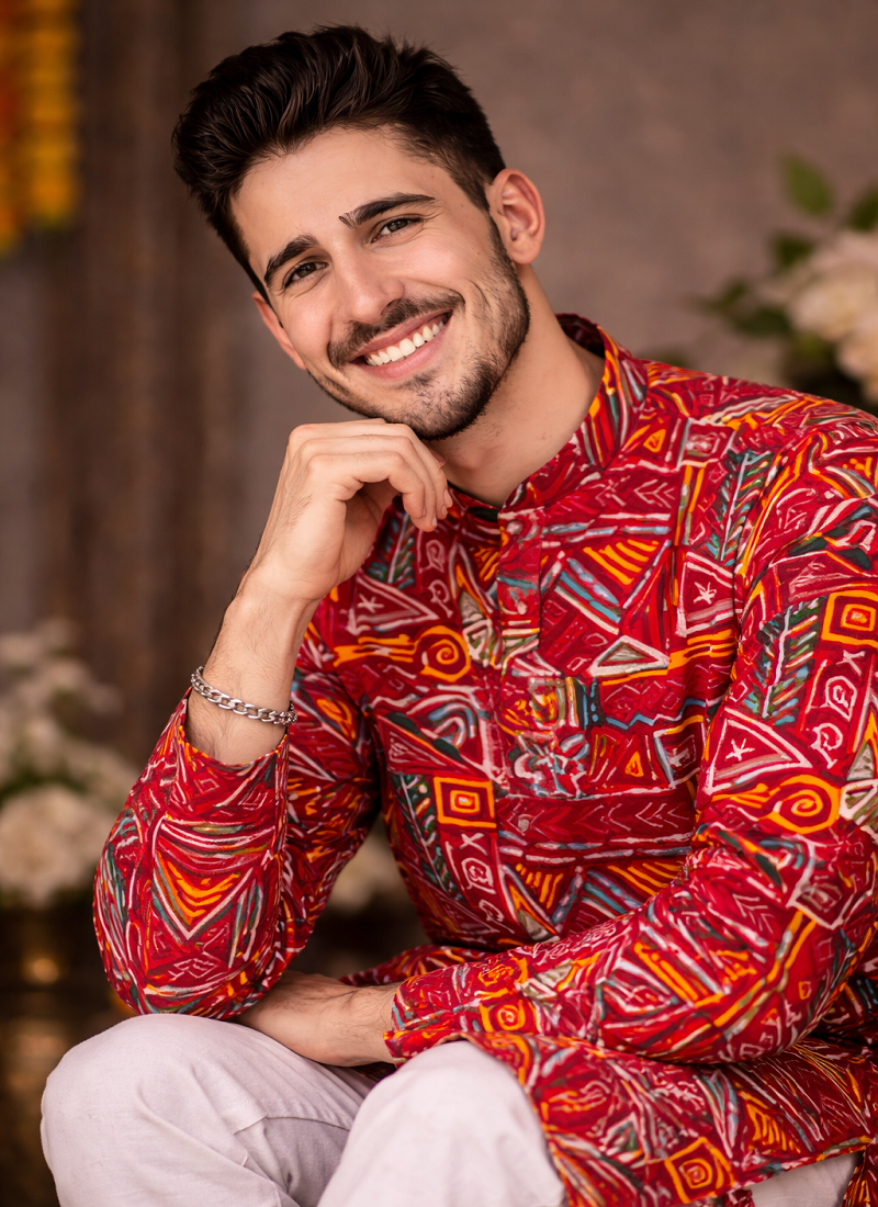 maroon multicolor foil print cotton kurta pajama set