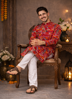 maroon multicolor foil print cotton kurta pajama set 3