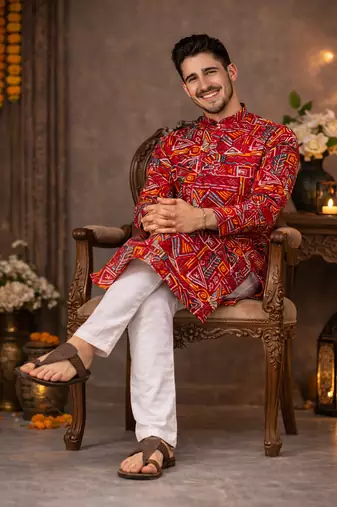 maroon multicolor foil print cotton kurta pajama set