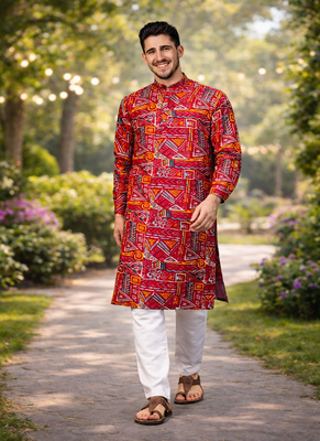 maroon multicolor foil print cotton kurta pajama set 1