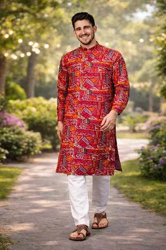 maroon multicolor foil print cotton kurta pajama set