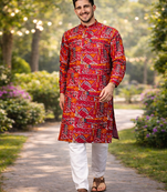 maroon multicolor foil print cotton kurta pajama set