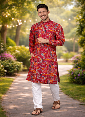 maroon multicolor foil print cotton kurta pajama set 4