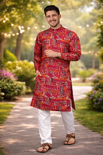 maroon multicolor foil print cotton kurta pajama set