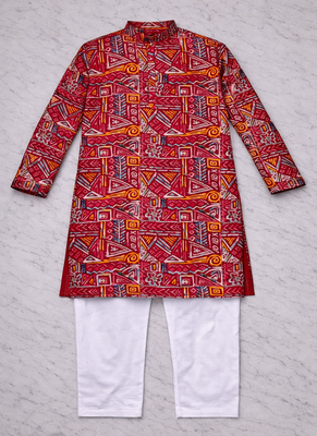 maroon multicolor foil print cotton kurta pajama set 5