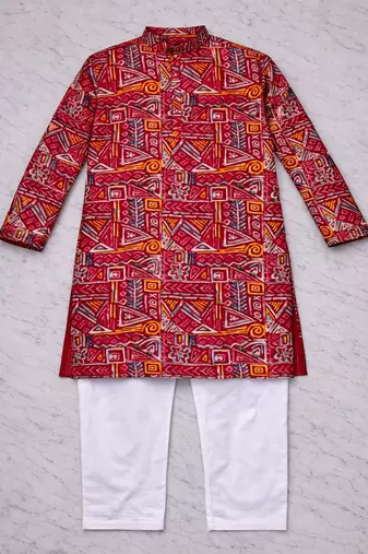 maroon multicolor foil print cotton kurta pajama set