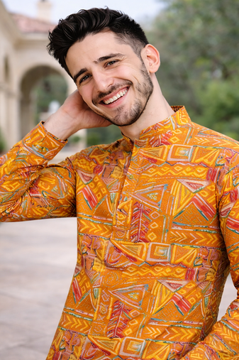 yellow multicolor foil print cotton kurta pajama set