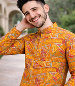 yellow multicolor foil print cotton kurta pajama set