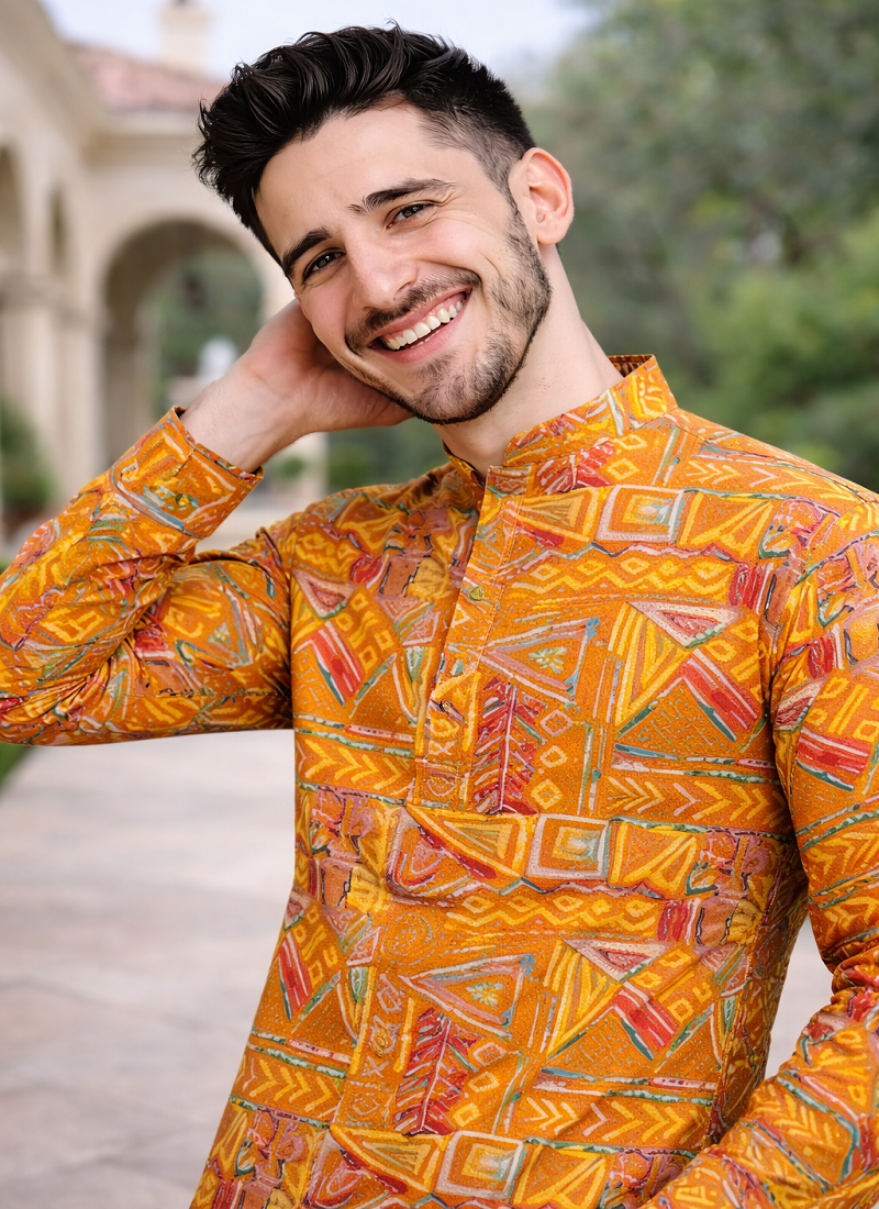 yellow multicolor foil print cotton kurta pajama set