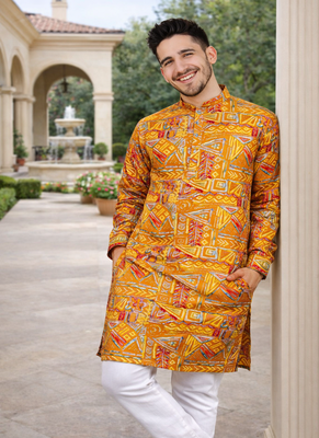 yellow multicolor foil print cotton kurta pajama set 2