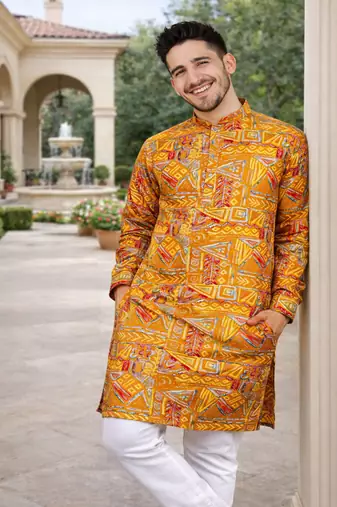 yellow multicolor foil print cotton kurta pajama set