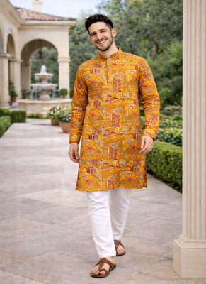 yellow multicolor foil print cotton kurta pajama set 3