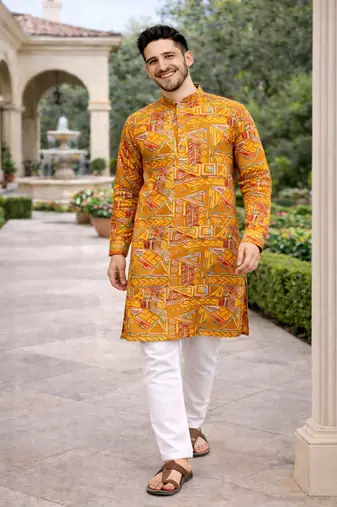 yellow multicolor foil print cotton kurta pajama set
