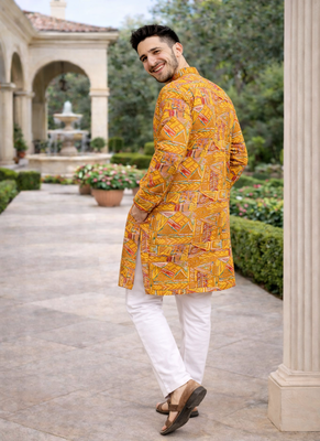yellow multicolor foil print cotton kurta pajama set 4