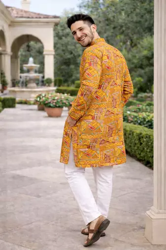 yellow multicolor foil print cotton kurta pajama set