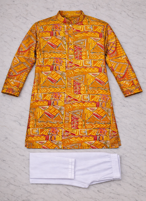 yellow multicolor foil print cotton kurta pajama set 5
