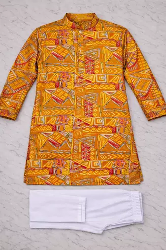 yellow multicolor foil print cotton kurta pajama set