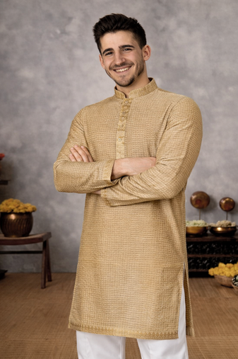 beige color linen silk jacquard weaving kurta pajama set