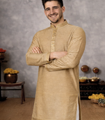 beige color linen silk jacquard weaving kurta pajama set