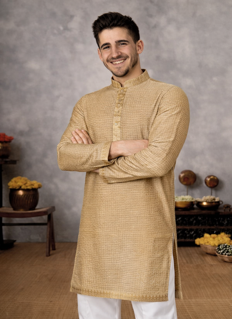 beige color linen silk jacquard weaving kurta pajama set