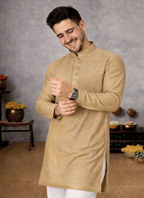 beige color linen silk jacquard weaving kurta pajama set 2