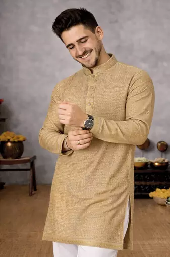 beige color linen silk jacquard weaving kurta pajama set