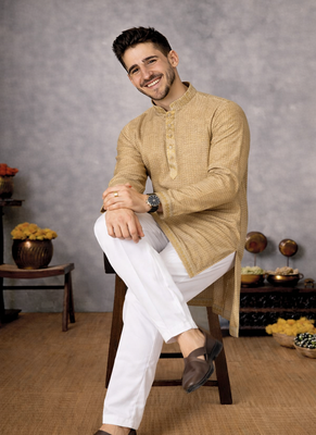 beige color linen silk jacquard weaving kurta pajama set 3