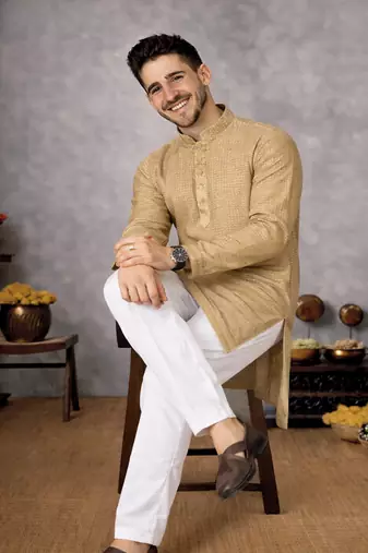 beige color linen silk jacquard weaving kurta pajama set