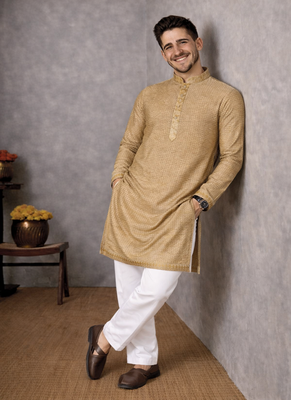 beige color linen silk jacquard weaving kurta pajama set 4