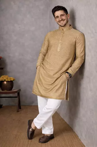 beige color linen silk jacquard weaving kurta pajama set