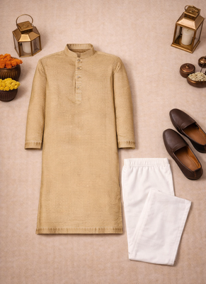 beige color linen silk jacquard weaving kurta pajama set 5