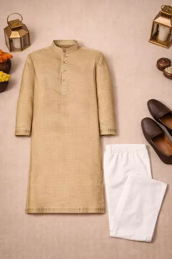 beige color linen silk jacquard weaving kurta pajama set