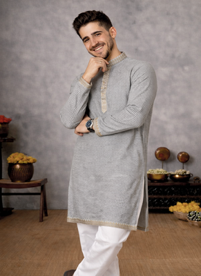 grey color linen silk jacquard weaving kurta pajama set 1