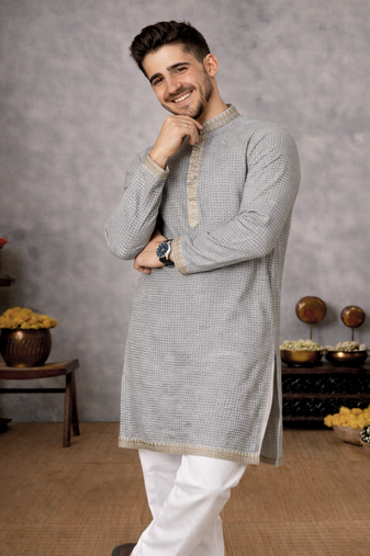 grey color linen silk jacquard weaving kurta pajama set