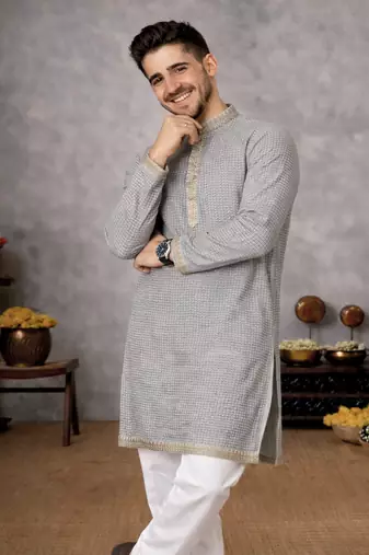 grey color linen silk jacquard weaving kurta pajama set