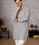 grey color linen silk jacquard weaving kurta pajama set