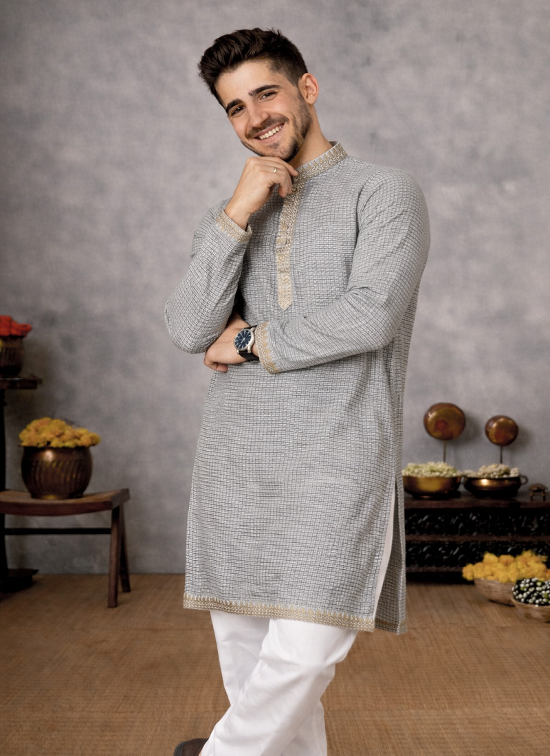 grey color linen silk jacquard weaving kurta pajama set