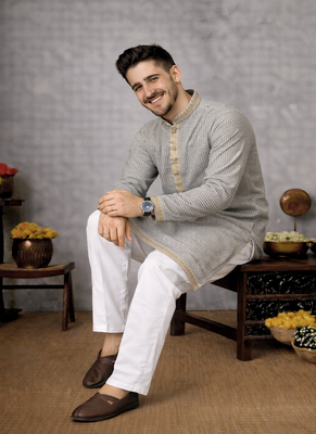 grey color linen silk jacquard weaving kurta pajama set 2